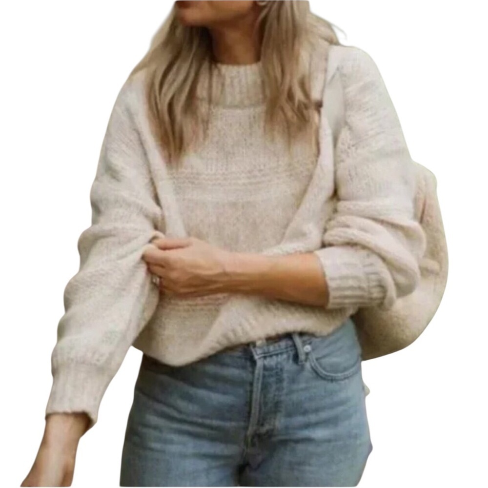 EVERLANE NWT The Puff Sweater Cream Oat Crewneck Wool Alpaca Stripes Size Large